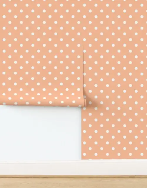 Two Inch Polka Dot Spots in Peach Fuzz Color of the Year 2024 and White Wallpaper