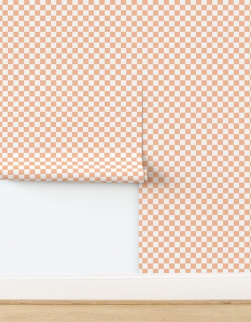 Small Checkerboard Checks in Peach Fuzz Color of the Year 2024 and White Wallpaper