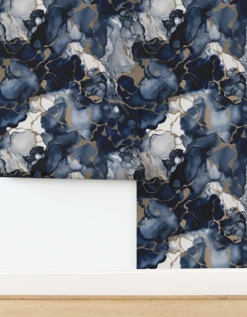 Twilight Navy Blue and Grey with Antique Gold Alcohol Ink Liquid Swirls Wallpaper