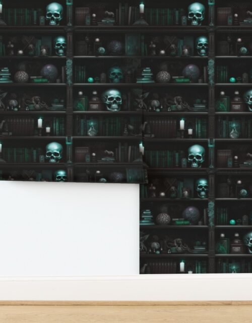 Spooky Photo realistic Dark Academia Bookshelves in Aqua with Glowing Wallpaper