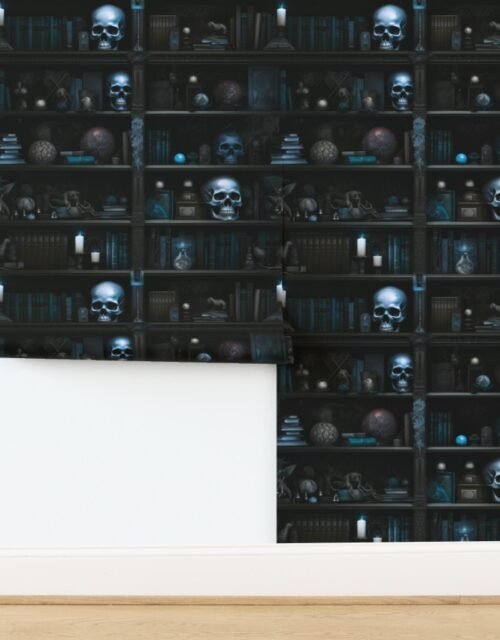 Spooky Photo realistic Dark Academia Bookshelves in Blue with Glowing Wallpaper