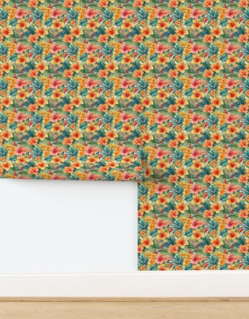 Small Bright Vintage Hawaiian Hibiscus Watercolor in Coral and Pink Wallpaper