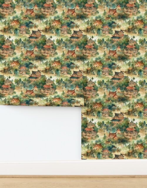 Small Chinese Village in Forest Watercolor Wallpaper