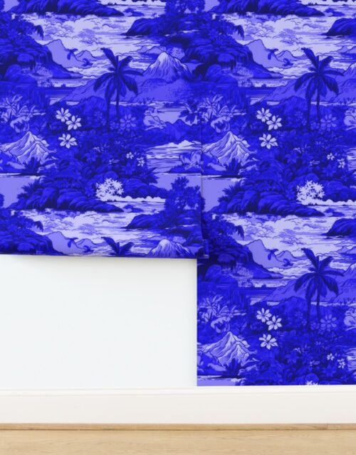 Vintage Hawaiian Landscape in Royal Blue Porcelain Glaze Wallpaper