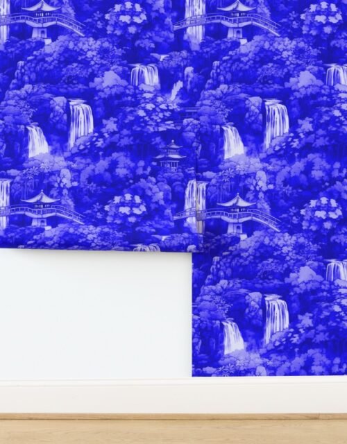 Japanese Water Garden with Waterfalls in Royal Blue Porcelain Glaze Wallpaper