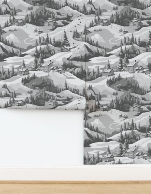 Small Montana Winter Cabins Montana with Evergreens in Grey Wallpaper