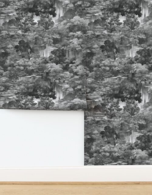 Japanese Water Garden Watercolor with Temples and Waterfalls in Grey Wallpaper
