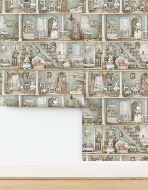 Victorian Dollshouse with Watercolor Bunny Decor in Pale Blue 1 Wallpaper