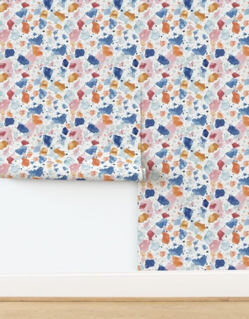 Pastel Blue and Earth Tones Watercolor Terrazzo Splashes Wallpaper