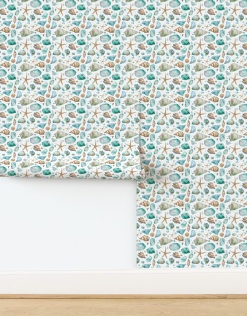 Aqua and Sand Seashells and Shards of Tumbled and Scattered Watercolor Wallpaper