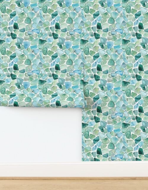Blue and Aqua Shards of Tumbled and Scattered Watercolor Seaglass Wallpaper