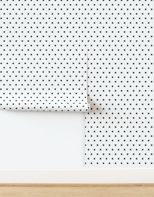 Black Polka Dots on White Medium Diagonal Diamond Pattern Wallpaper