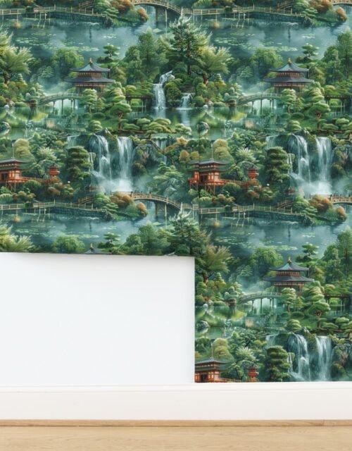 Peaceful Retreat Lush Japanese Garden with Waterfalls Wallpaper