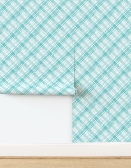 Faded Madras Diagonal Plaid in Aqua Wallpaper