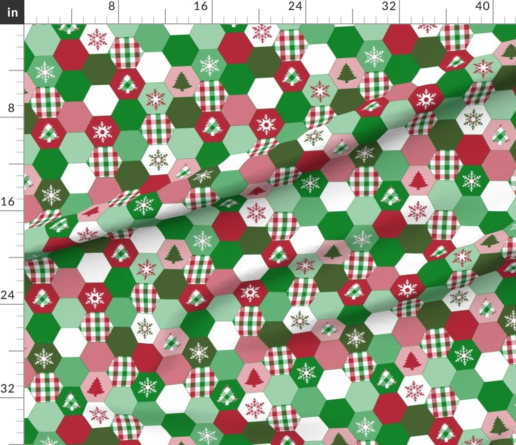 Fabric in Hexagonal Christmas Gingham Motif Cheater Quilt Fabric Fabric in Hexagonal Christmas Gingham Motif Cheater Quilt Fabric