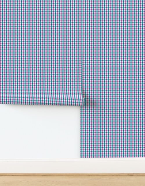 Mini Country Cottage Gingham Check Pattern with Blue Teal and Pink and Wallpaper