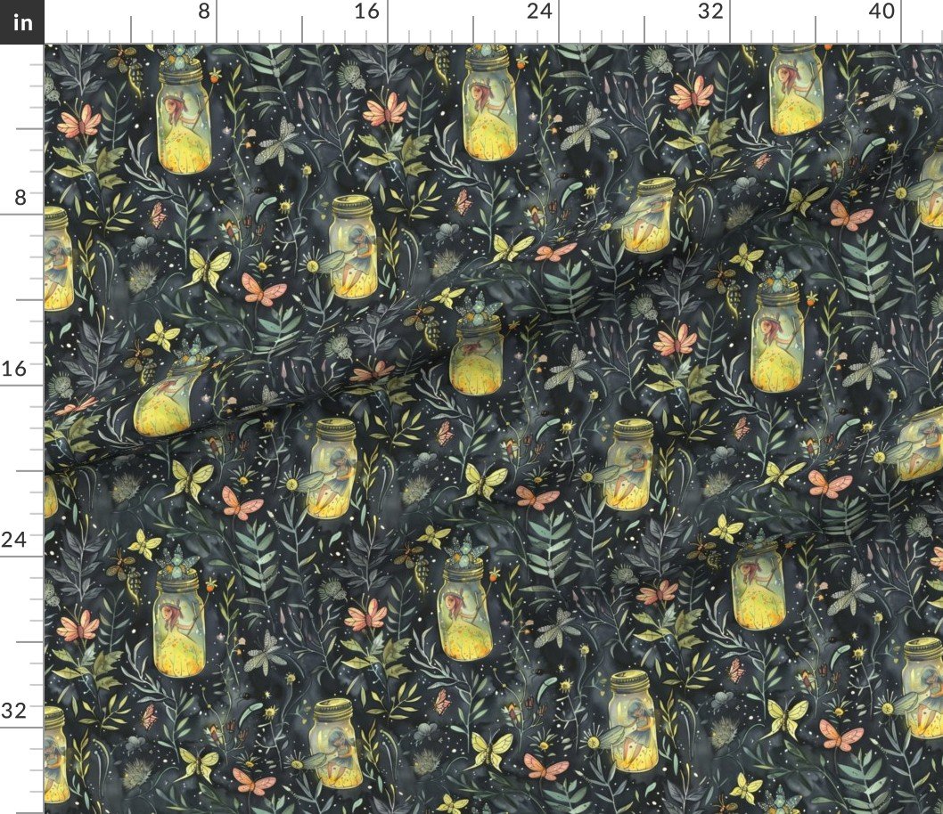 Fabric in Fireflies and Fairies with Mason Jars in Enchanted Forest Fabric Fabric in Fireflies and Fairies with Mason Jars in Enchanted Forest Fabric