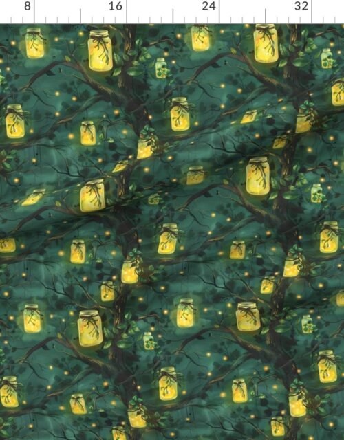 Fabric in Enchanted Forest with Glowing Mason Jars and Fireflies Fabric