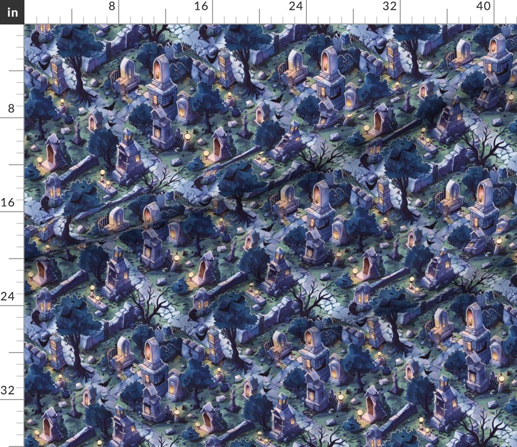 Fabric in Graveyard Halloween Scene with Bats and Ghosts Fabric Fabric in Graveyard Halloween Scene with Bats and Ghosts Fabric