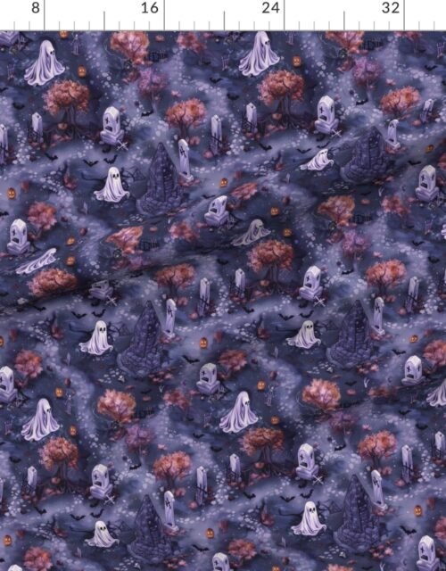 Fabric in Purple Halloween Graveyard with Glowing Ghosts and Pumpkins Fabric