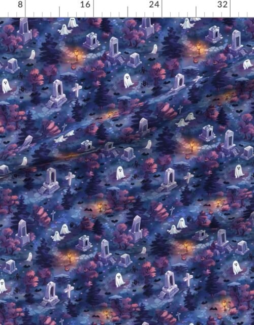 Fabric in Halloween Graveyard with Glowing Ghosts and Spiders Fabric
