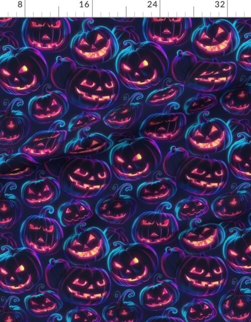 Fabric in Neon Orange Halloween Pumpkins Glowing in the Dark Fabric