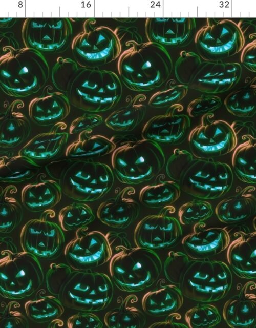 Fabric in Neon Green Halloween Pumpkins Glowing in the Dark Fabric