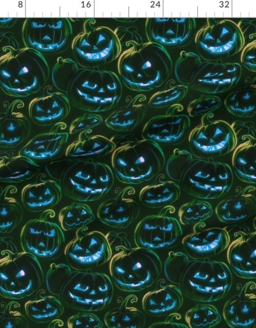 Fabric in Neon Green Halloween Pumpkins Glowing in the Dark Fabric