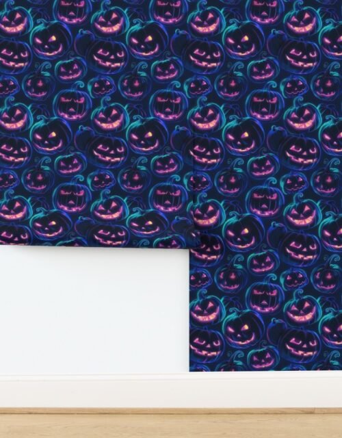 Neon Blue Halloween Pumpkins Glowing in the Dark Wallpaper