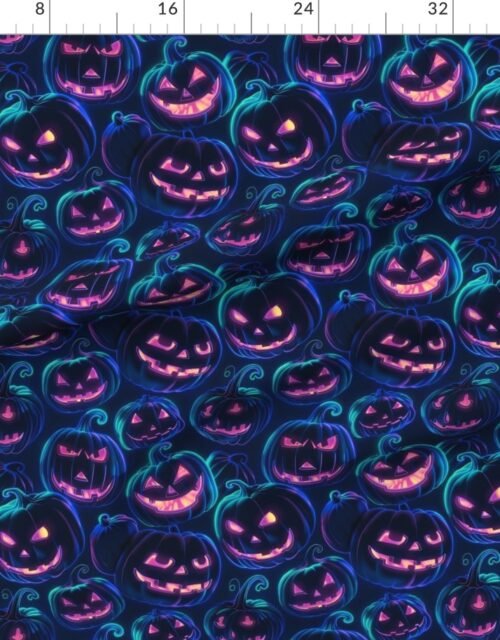 Fabric in Neon Blue Halloween Pumpkins Glowing in the Dark Fabric