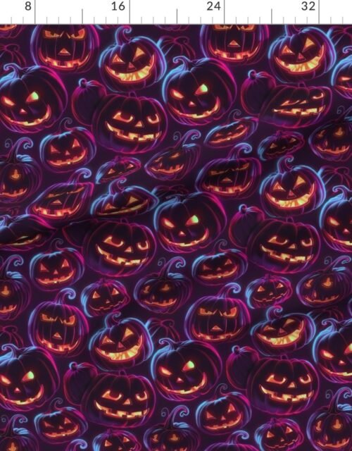 Fabric in Neon Purple Halloween Pumpkins Glowing in the Dark Fabric