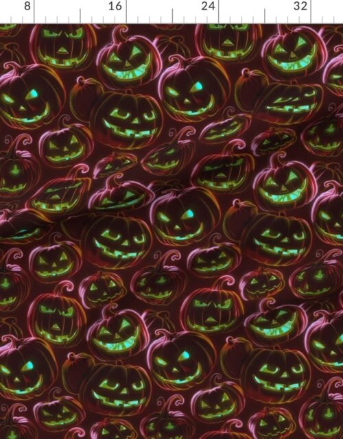 Fabric in Neon Red Halloween Pumpkins Glowing in the Dark Fabric