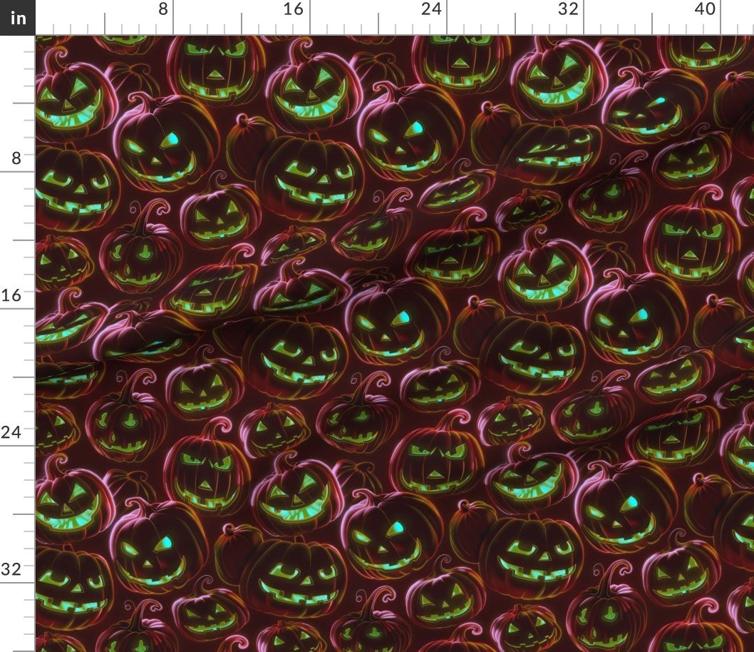 Fabric in Neon Red Halloween Pumpkins Glowing in the Dark Fabric Fabric in Neon Red Halloween Pumpkins Glowing in the Dark Fabric