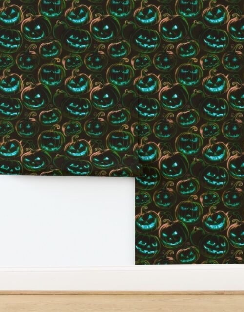 Neon Blue and Green Halloween Pumpkins Glowing in the Dark Wallpaper