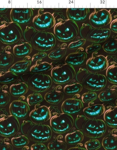 Fabric in Neon Blue and Green Halloween Pumpkins Glowing in the Dark Fabric