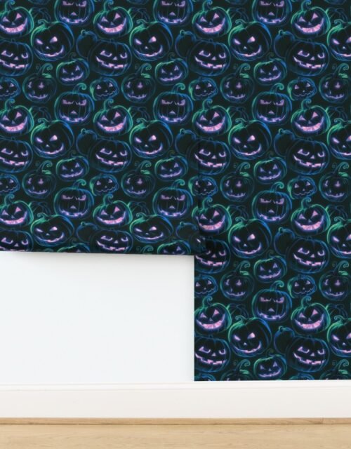 Neon Blue and Pink Halloween Pumpkins Glowing in the Dark Wallpaper