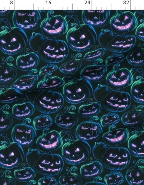 Fabric in Neon Blue and Pink Halloween Pumpkins Glowing in the Dark Fabric