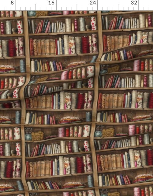 Fabric in Vintage Bookcase with Fabric Bobbins Spools and Yarn Fabric