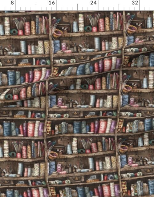 Fabric in Vintage Bookcase Filled with Fabric Bobbins and Sewing Spools Fabric