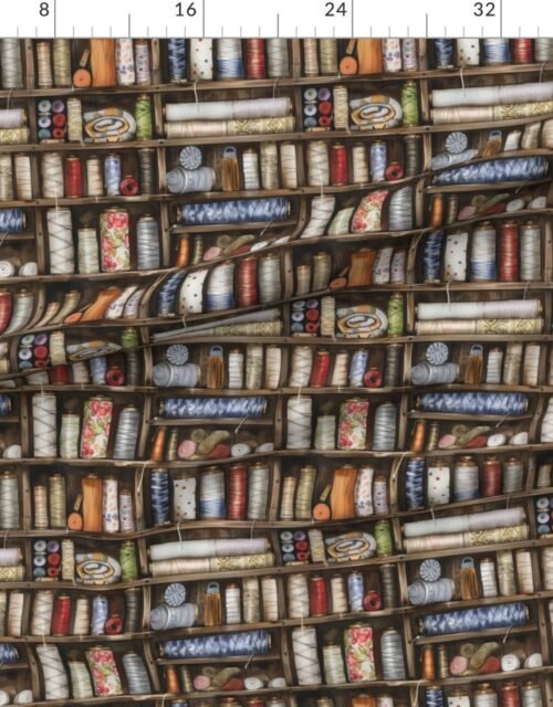 Fabric in Vintage Bookcase with Fabric Bobbins Spools and Yarn Fabric
