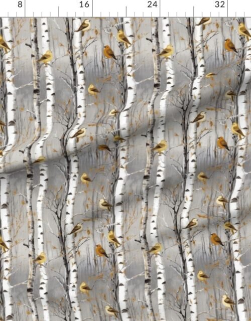 Fabric in Christmas Birch Trees in Winter with Yellow and Orange Birds Perched Fabric