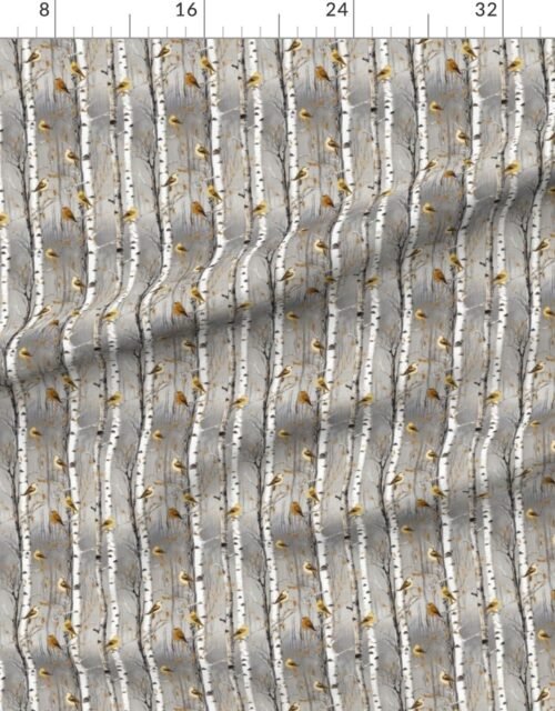 Fabric in Small Birch Trees in Winter with Yellow and Orange Birds Perched Fabric