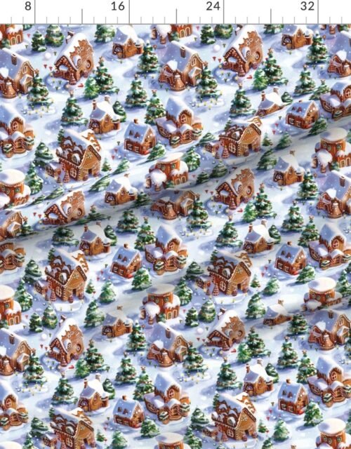 Fabric in Festive Watercolor Gingerbread Village with Snowy Landscape and Christmas Fabric