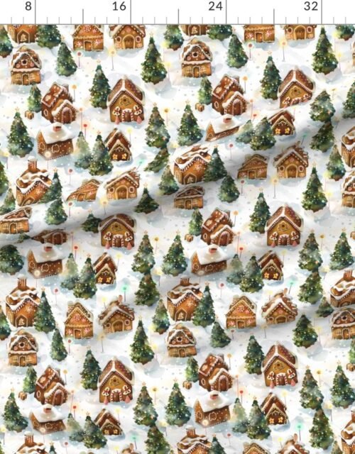 Fabric in Watercolor Gingerbread Village in Winter Wonderland with Decorated Fabric