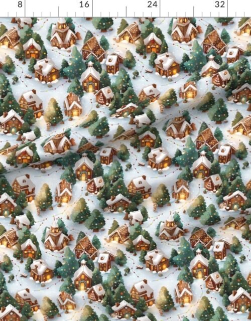 Fabric in Snowy Gingerbread Village with Festive Lights and Christmas Trees Fabric