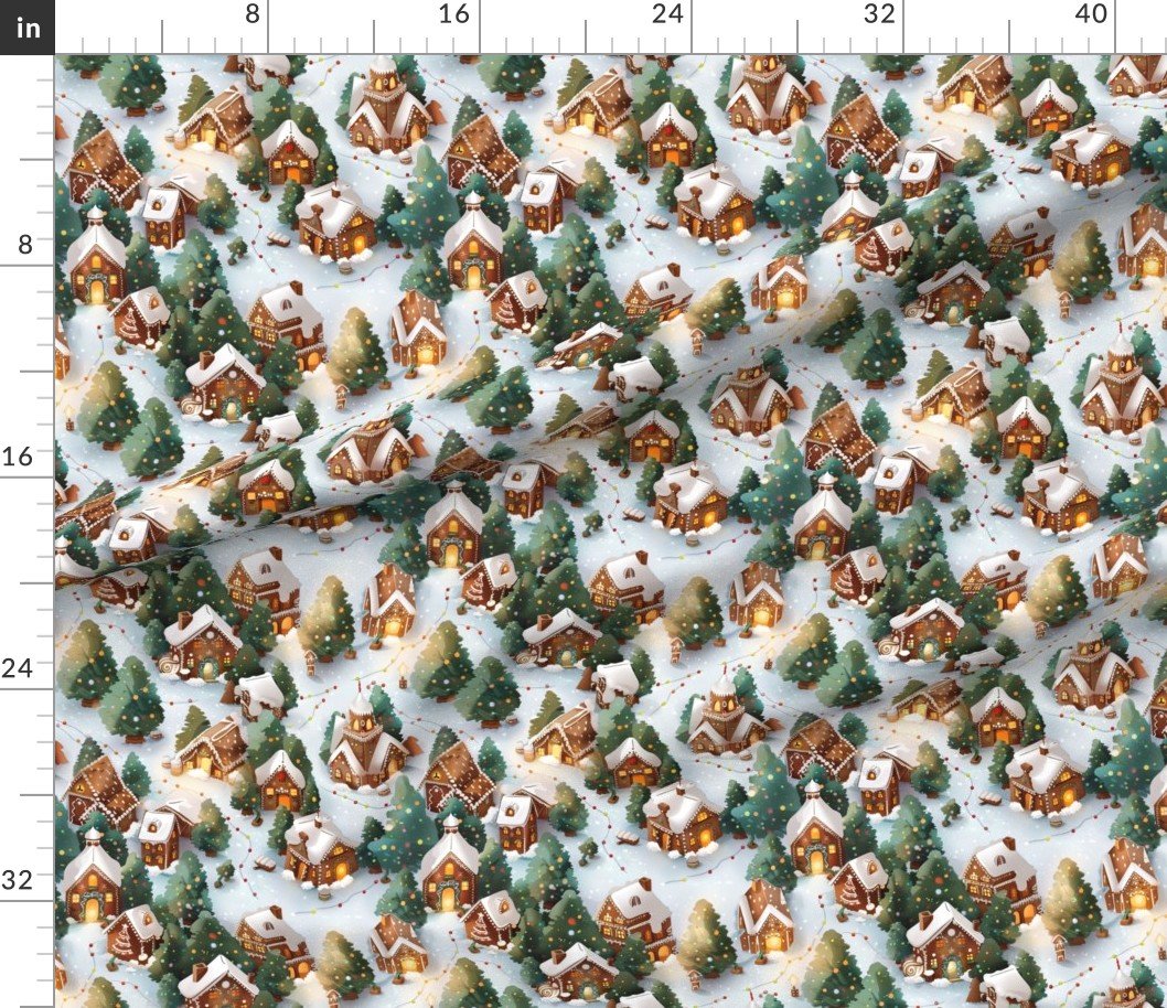 Fabric in Snowy Gingerbread Village with Festive Lights and Christmas Trees Fabric Fabric in Snowy Gingerbread Village with Festive Lights and Christmas Trees Fabric