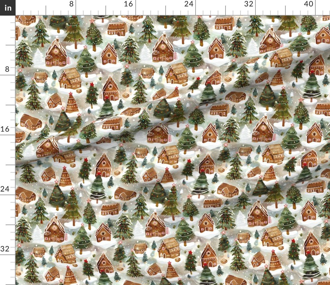Fabric in Endless Gingerbread Christmas Village with Snowy Pine Trees Fabric Fabric in Endless Gingerbread Christmas Village with Snowy Pine Trees Fabric