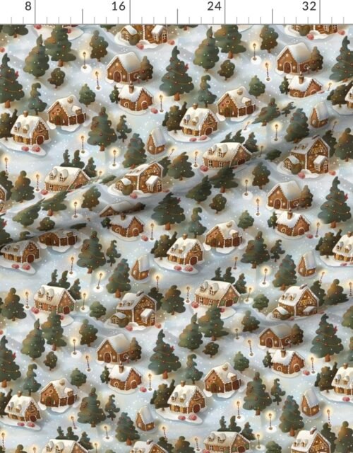 Fabric in Endless Christmas Gingerbread Village with Snow Covered Trees and Festive Fabric