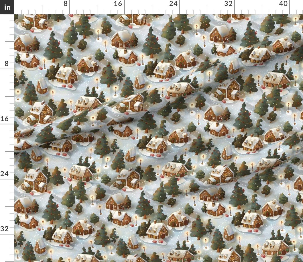 Fabric in Endless Christmas Gingerbread Village with Snow Covered Trees and Festive Fabric Fabric in Endless Christmas Gingerbread Village with Snow Covered Trees and Festive Fabric