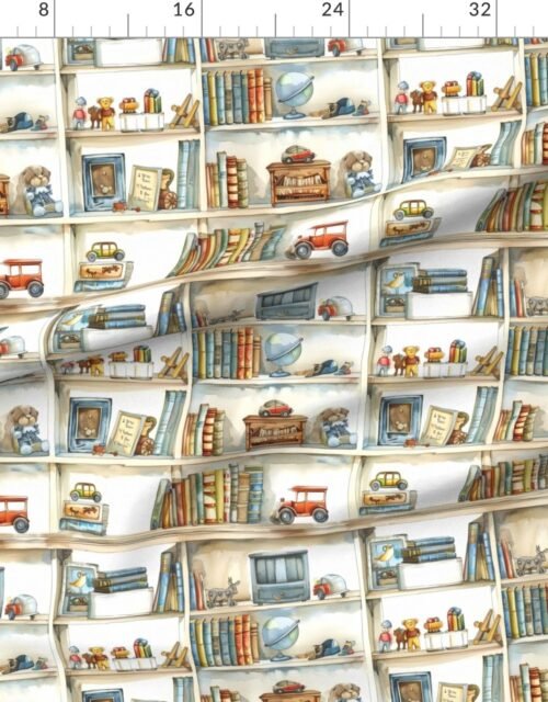 Fabric in Vintage Bookcase with Classic Boys' Toys in Watercolor Fabric